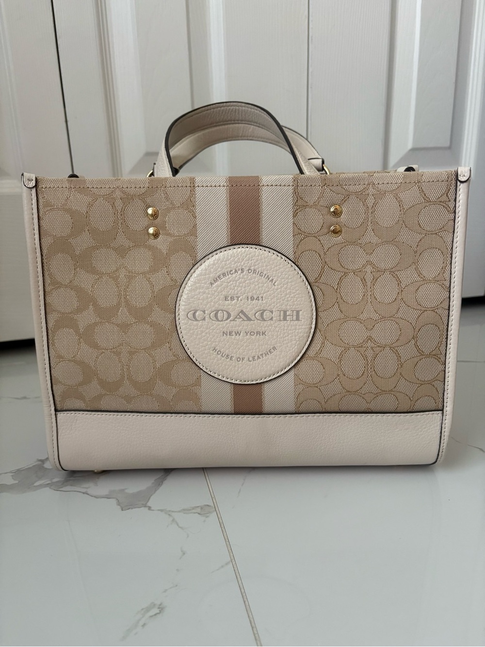 Coach Beige and Cream Signature Stripe Tote